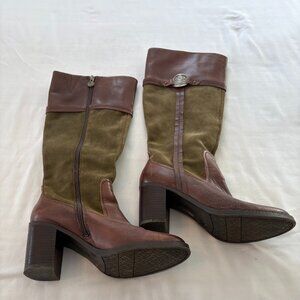 Etienne Aigner Winston Brown Leather and Green Suede Knee-High Boots